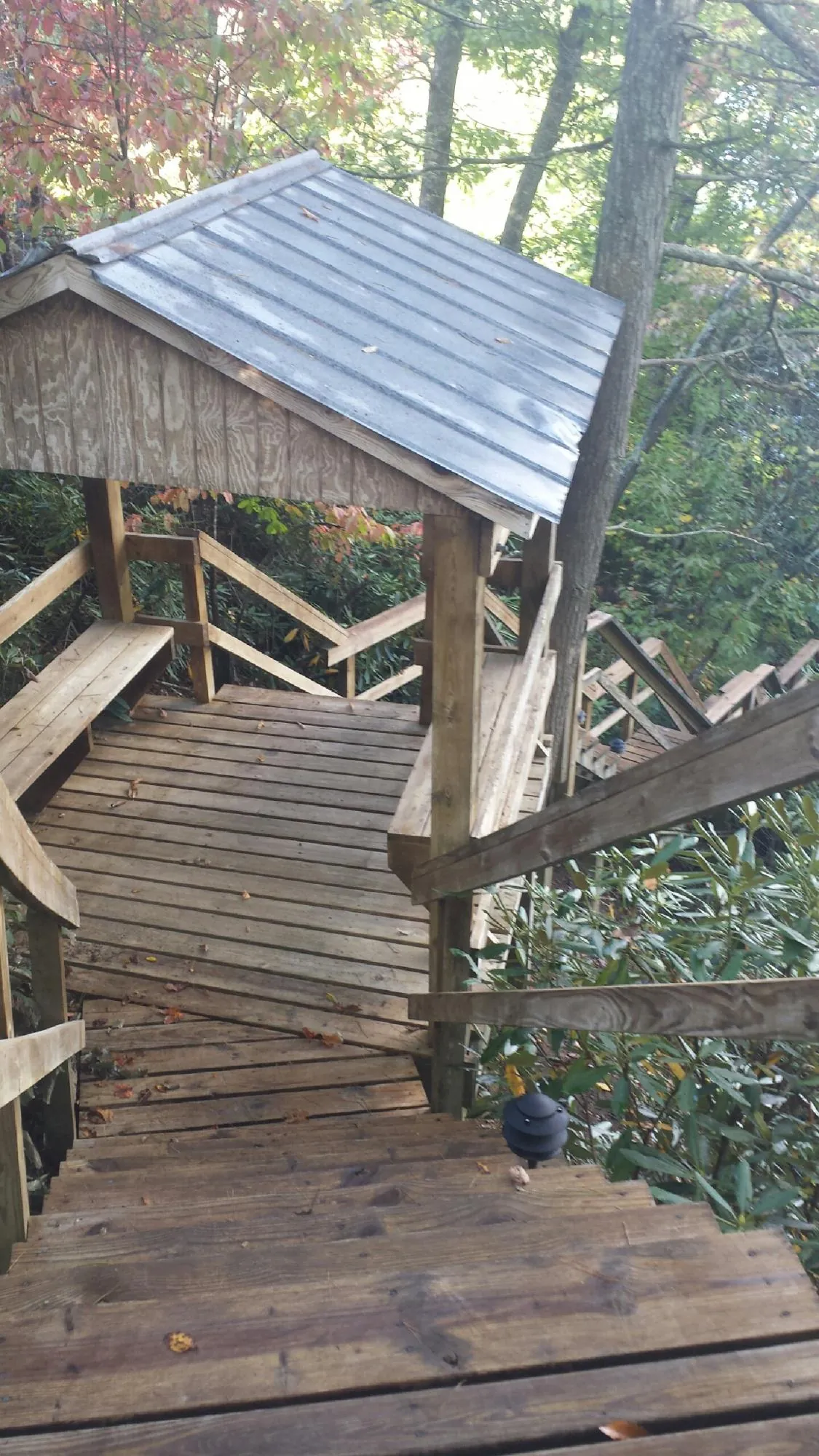 Metal roofed shelter over wooden steps on a wooded walkway — Skylight Repair & Installation work by our crew in Rising City